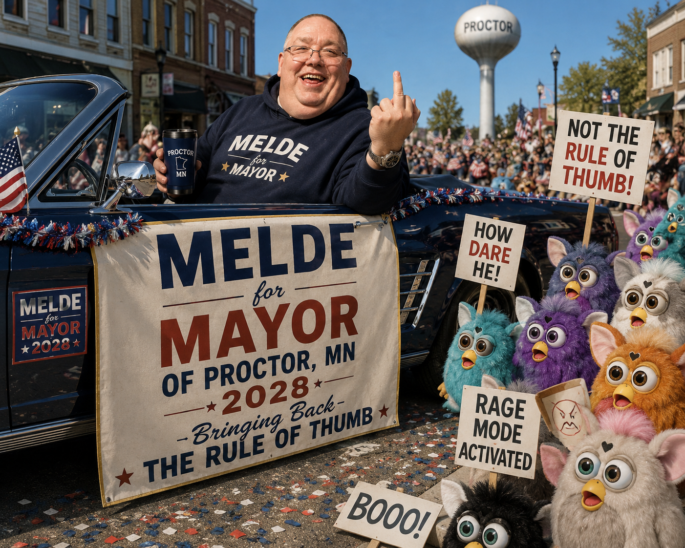 Dave Melde driving past angry Furby protesters