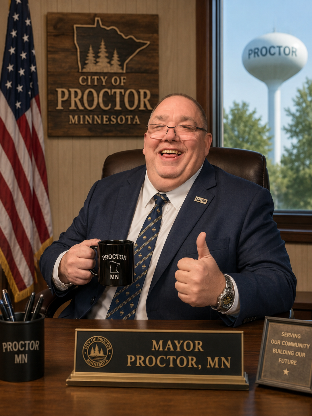 Dave Melde in Mayoral Office with Proctor Water Tower